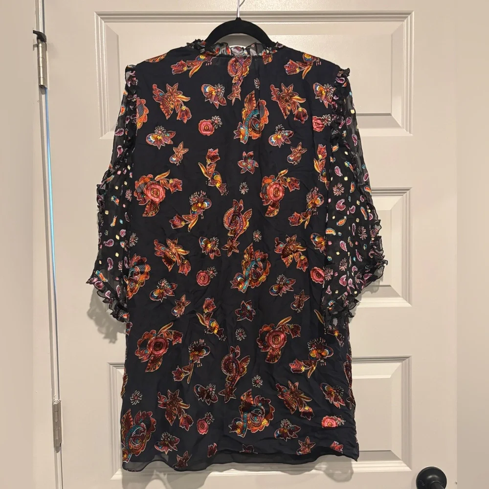 Alice + Olivia Julius Floral Flower Ruffle Dress Silk Black Multicolor Pattern - Picture 3 of 11